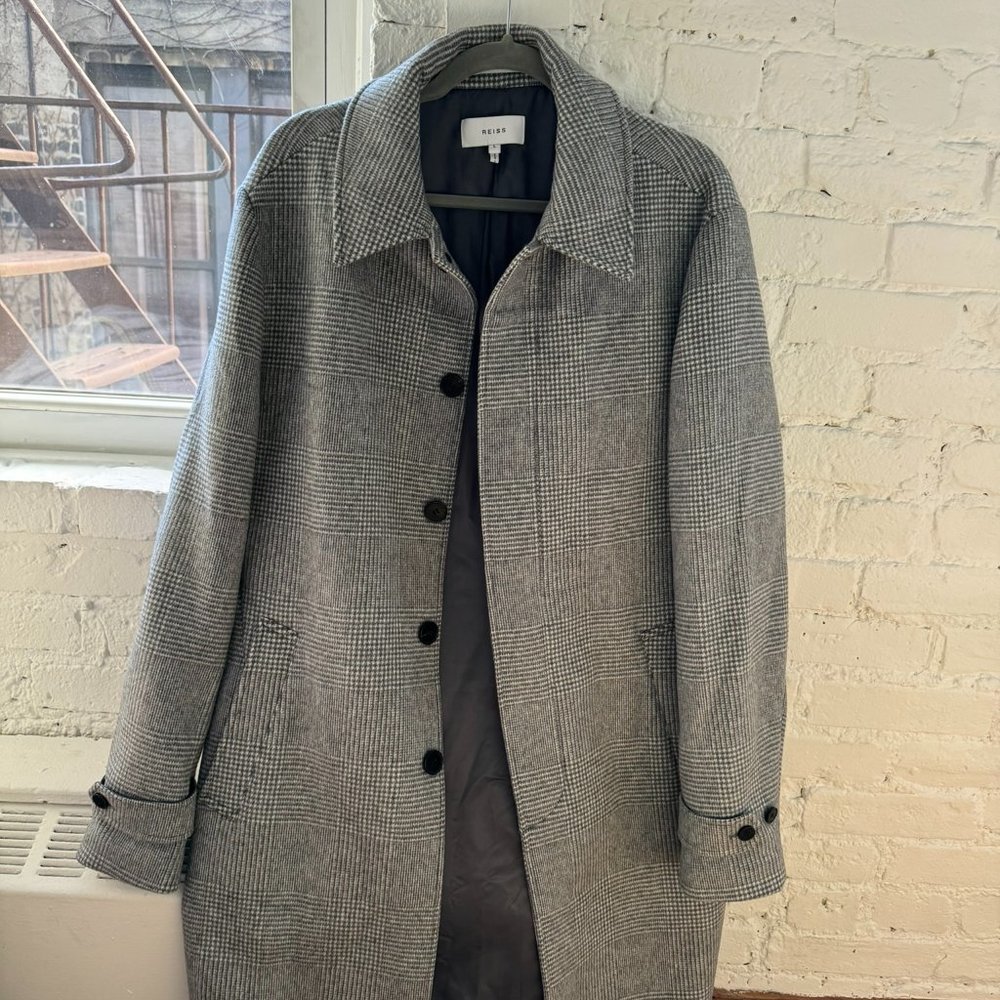 REISS BARK WOOL BLEND CHECK EPSOM OVERCOAT - SOFT GREY (LARGE)
